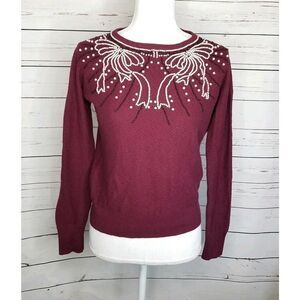 Anthropologie Field Flower Maroon Beaded Sweater